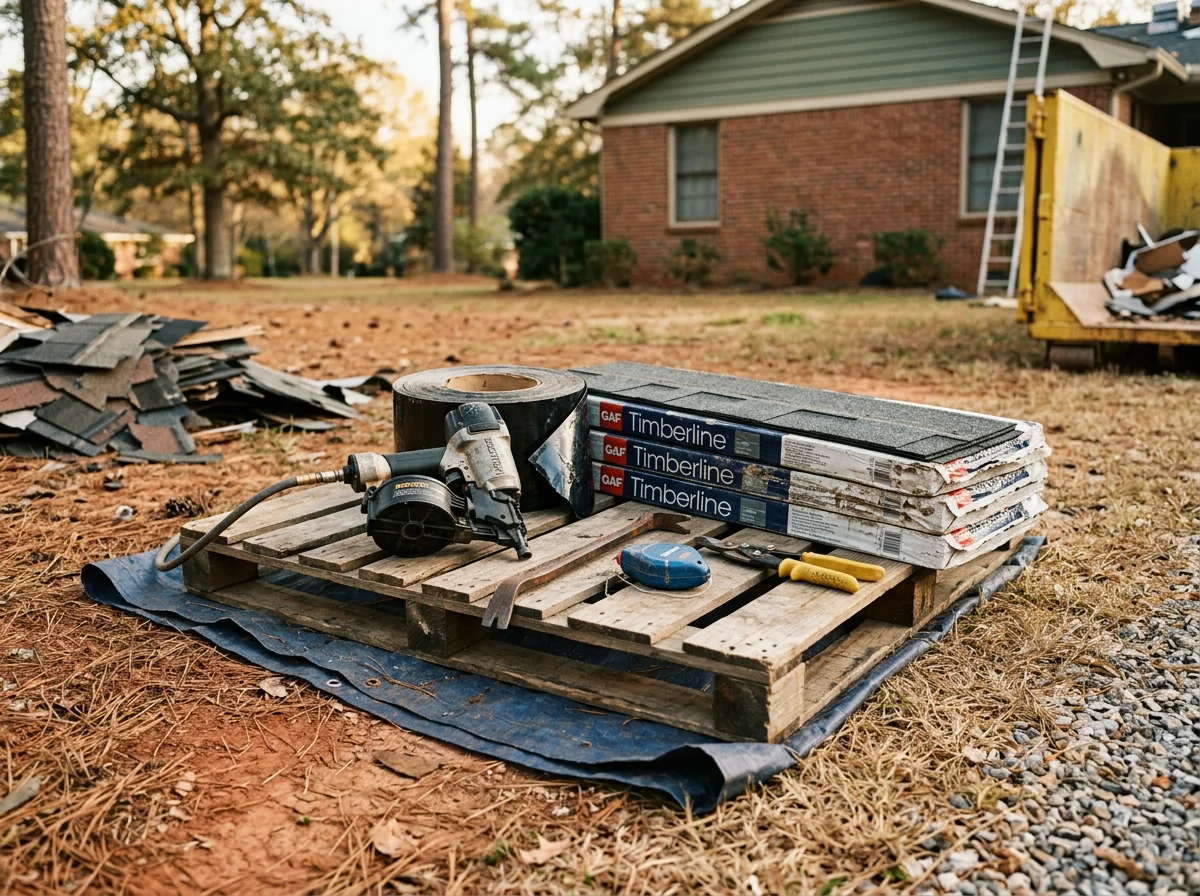 Exterior roofing tools and materials staged on a work site, showing the equipment our crews use for roof repair and installation. No people are shown in this image.