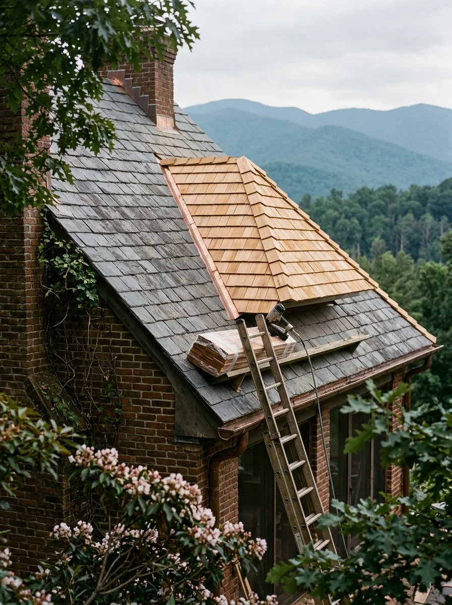 Roofing contractor working on a steep-pitch historic home in Asheville, NC with Blue Ridge Mountain ridgelines visible in the background.