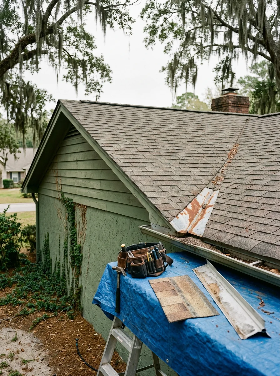 Roofing contractor inspecting granule loss and flashing corrosion on a Bluffton, SC home in a Sun City Hilton Head community.