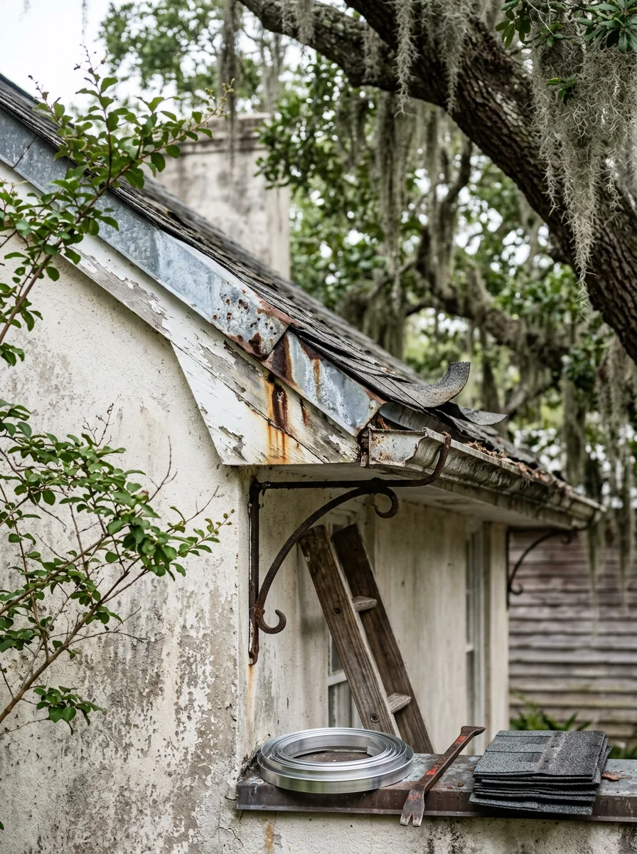 Close-up of corroded metal flashing and lifted shingles on a Charleston, SC coastal home showing salt-air damage at the roof edge.