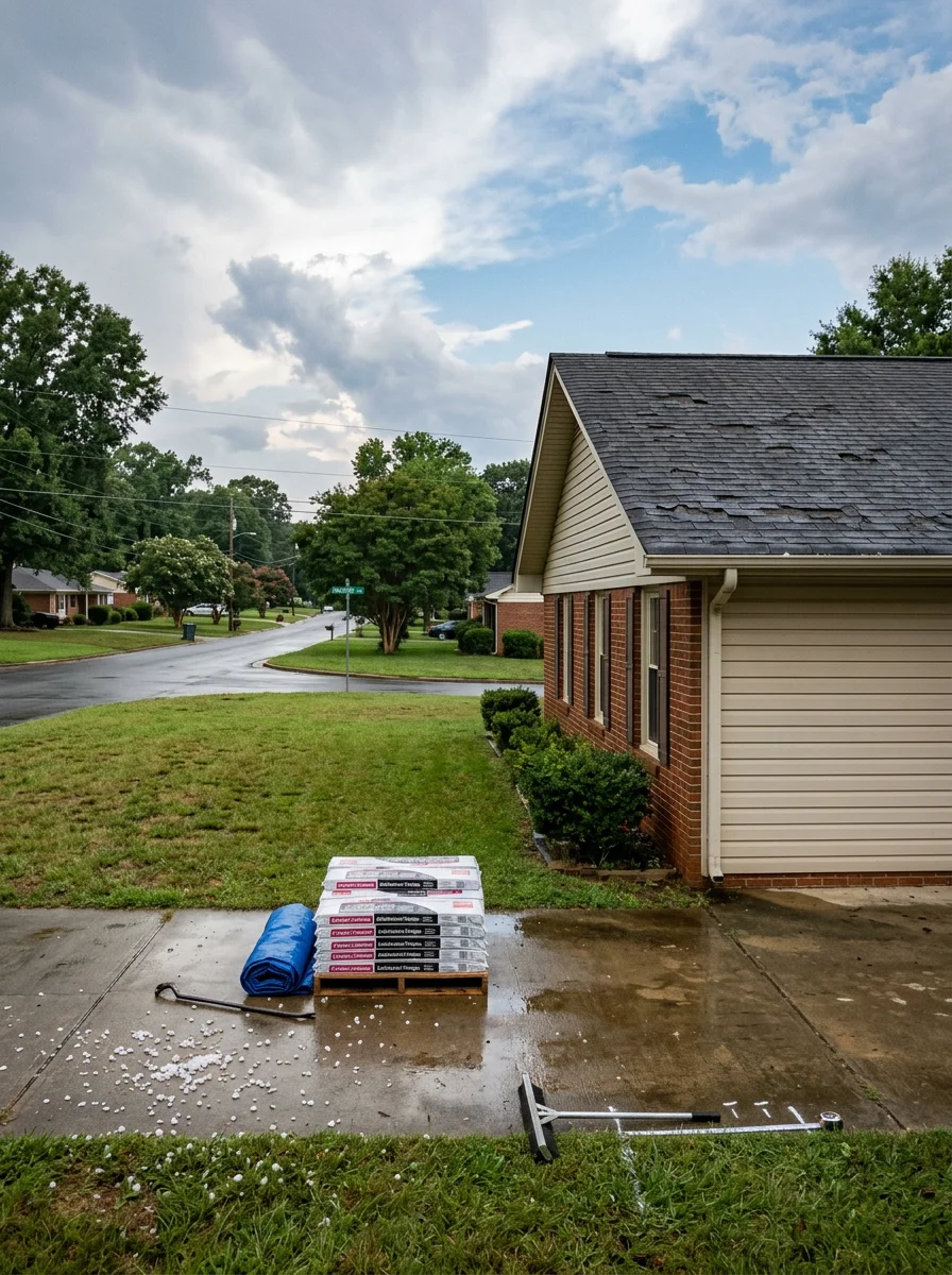 Roofing contractor on a Charlotte, NC home inspecting hail damage and granule loss on architectural shingles after a Piedmont thunderstorm.