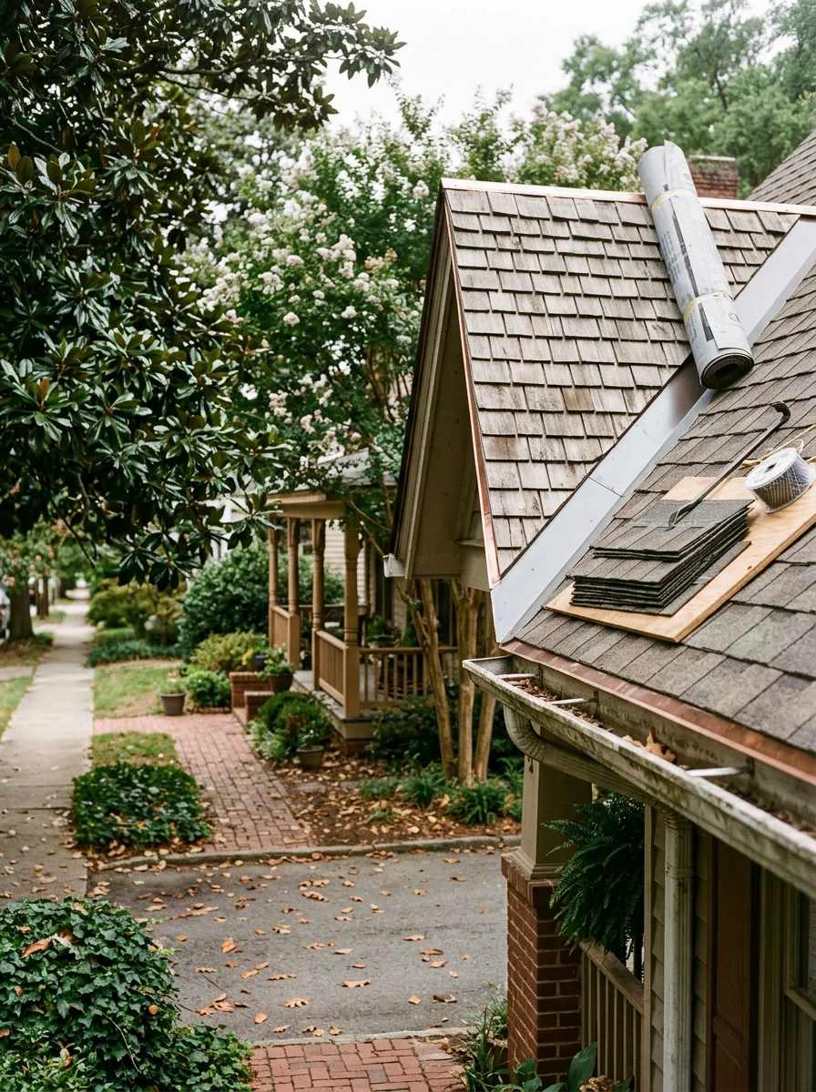 Roofing contractor inspecting flashing and valley details on a steep-pitch bungalow roof in a historic Columbia, SC neighborhood.