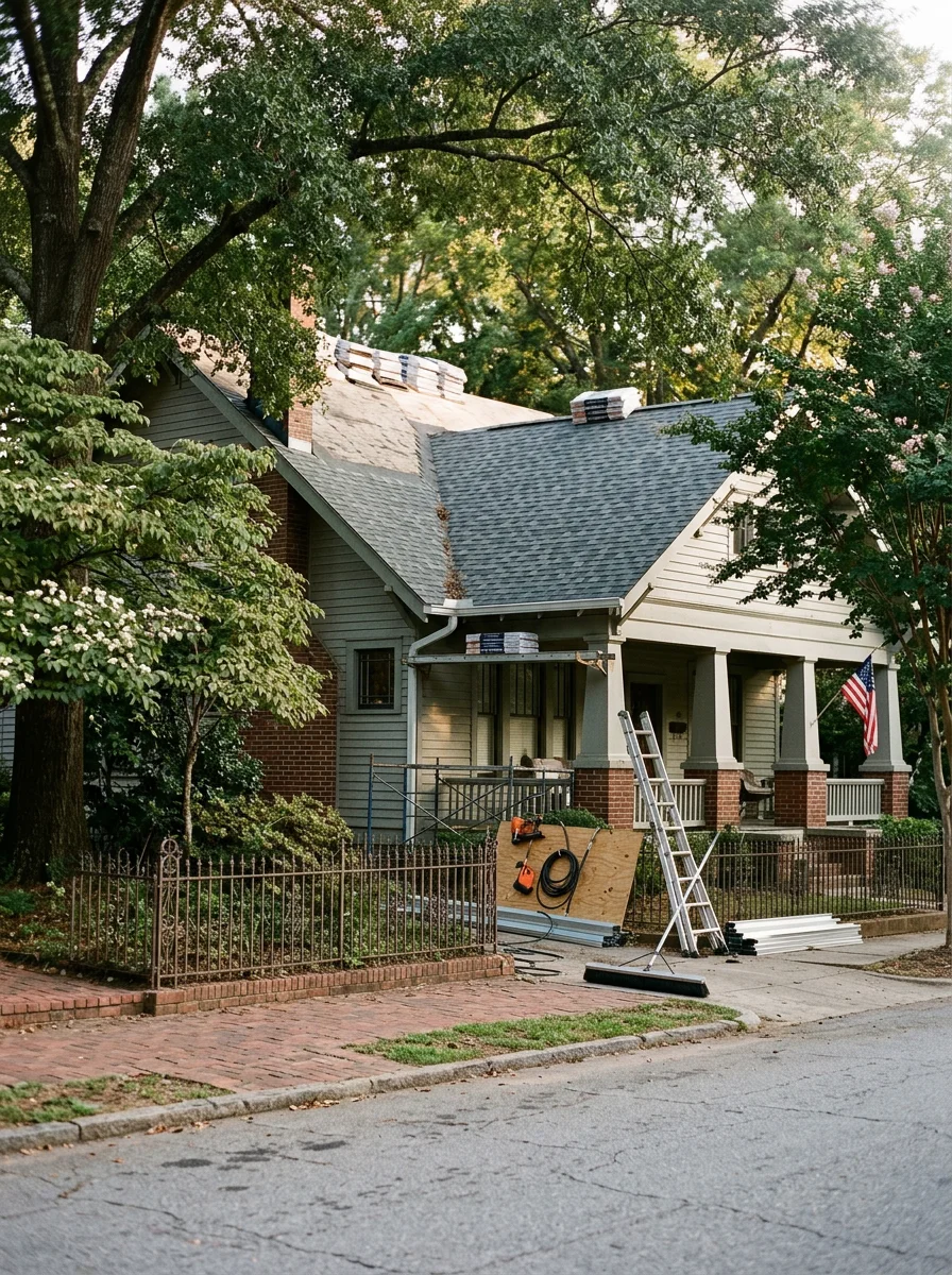 Roofing crew installing new architectural shingles on a steep-pitch historic home in a Greenville, SC neighborhood with mature tree canopy.