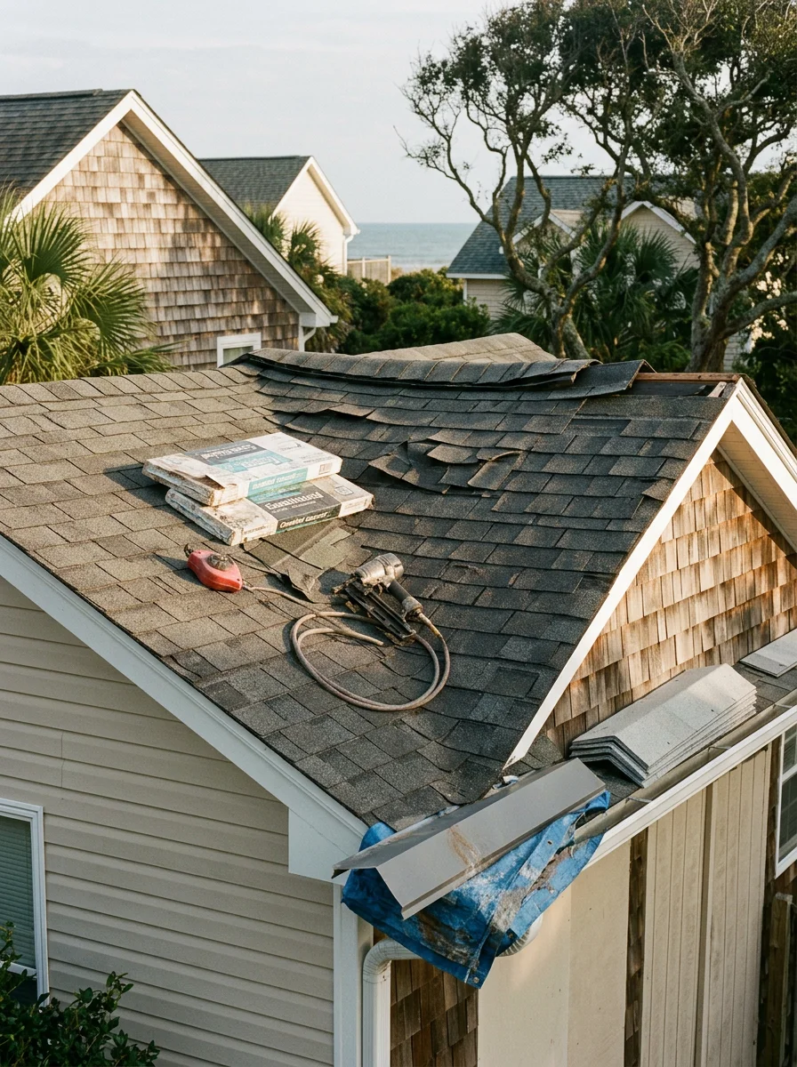 Roofing contractor examining wind-damaged ridge caps and lifted shingles on a Myrtle Beach, SC home after a coastal storm event.