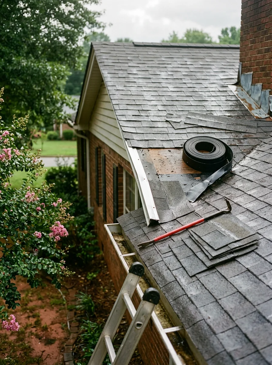 Close-up of a roofing contractor inspecting lifted shingles and flashing on a Simpsonville, SC home after a summer thunderstorm.