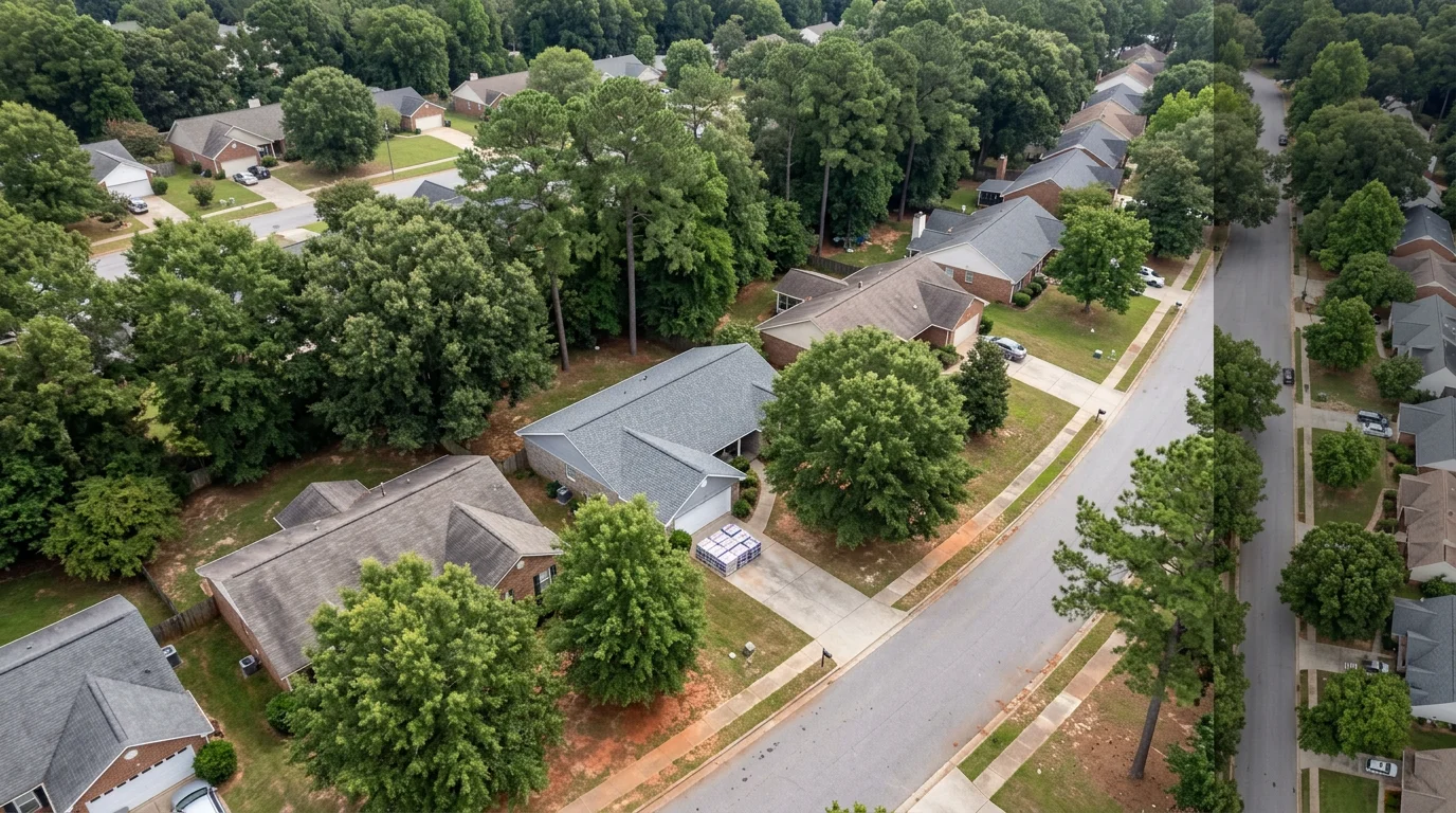 Aerial view of a residential neighborhood in Simpsonville, SC showing asphalt shingle rooftops on single-family homes with mature tree canopy between properties.