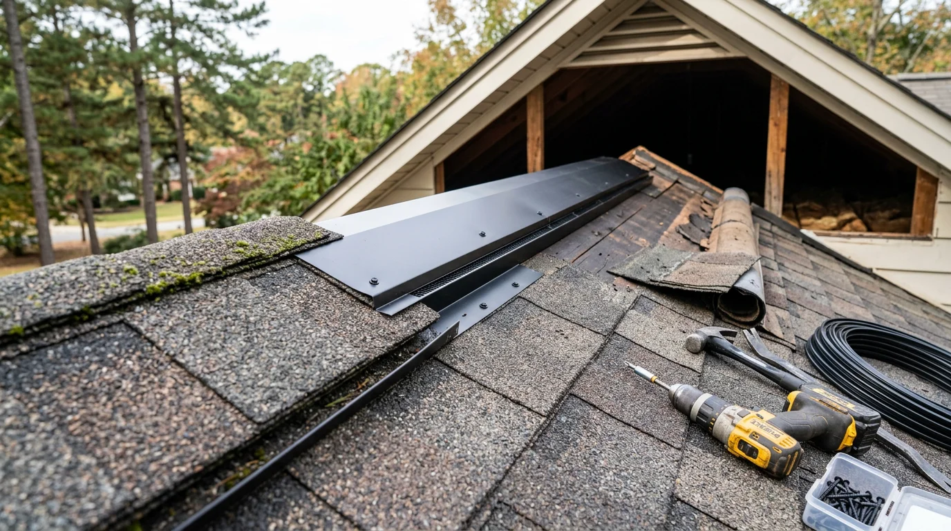 A repaired ridge vent and clear soffit vents on a residential roof in Simpsonville, South Carolina. The image shows restored vent openings with no visible blockage or damage along the roofline.