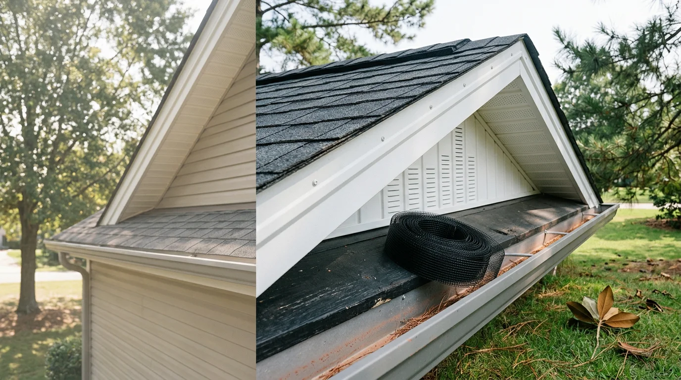 A rooftop view of a Simpsonville, South Carolina home showing ridge vents and soffit vents as part of a balanced attic venting system. The image shows the intake and exhaust vent placement along the roofline in a residential neighborhood setting.
