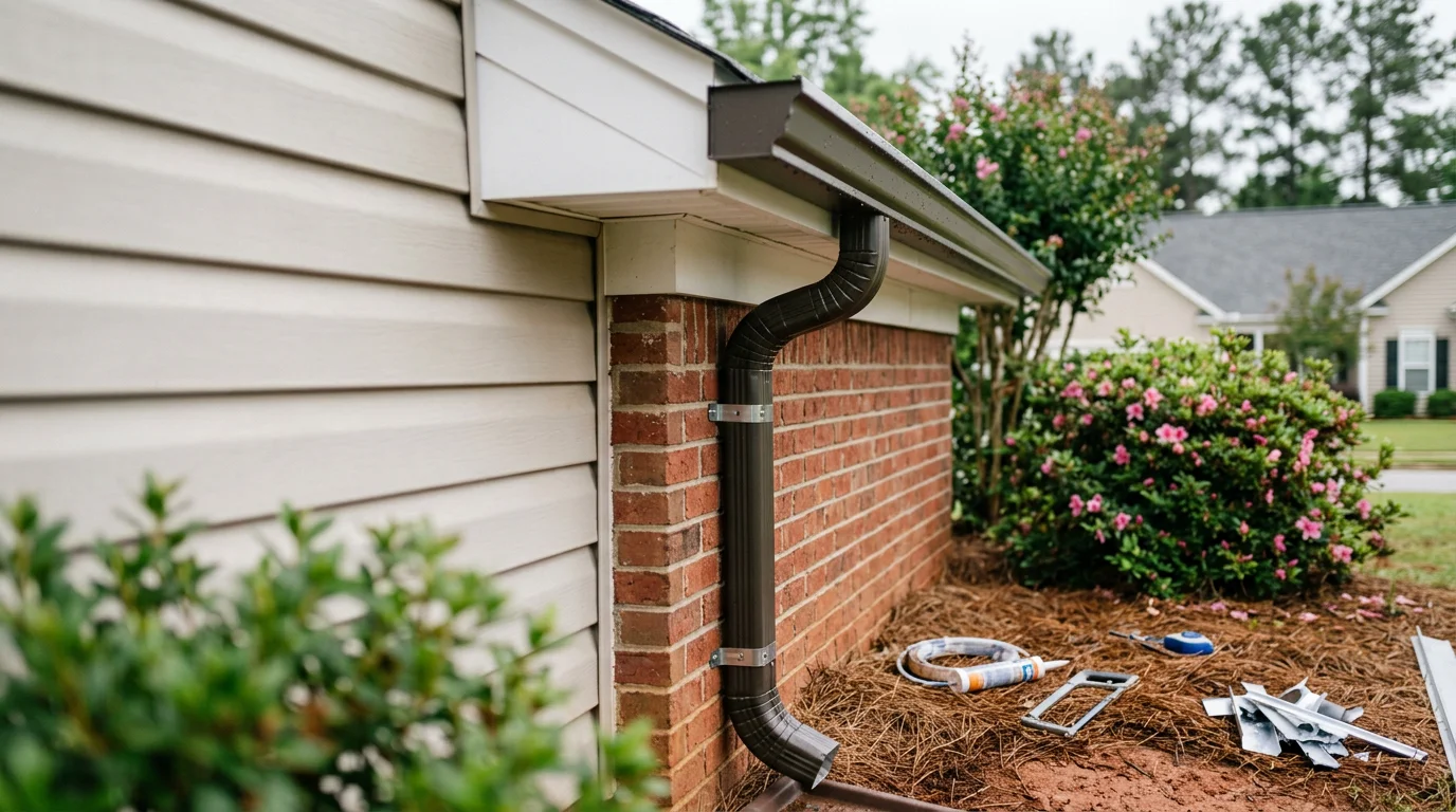 New seamless aluminum gutters installed along the roofline of a residential home in Simpsonville, South Carolina, with downspouts directing water away from the foundation. Close view shows clean fascia attachment and a continuous gutter run with no visible seam joints.