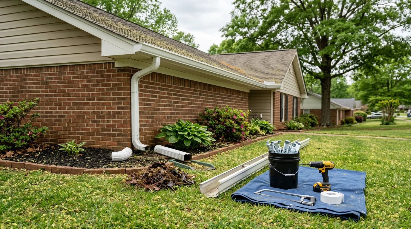 A gutter repair technician re-securing a sagging aluminum gutter section on a residential home in Simpsonville, South Carolina. The repaired gutter runs along the roofline with a downspout directing water away from the home's foundation.