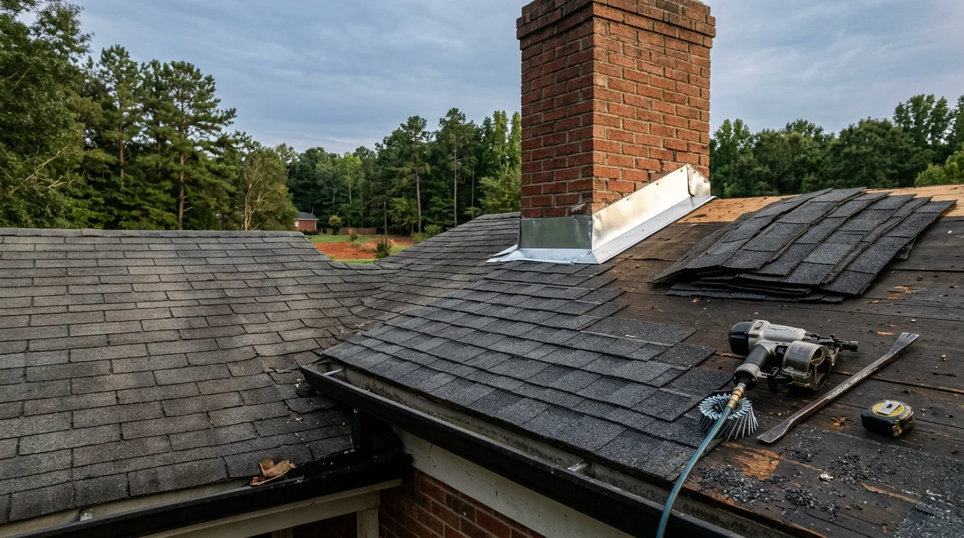 A Simpsonville, South Carolina home with visible roof damage showing lifted asphalt shingles and exposed decking after a storm. A roofing contractor from Real Roof inspects the damaged section from the roof surface.