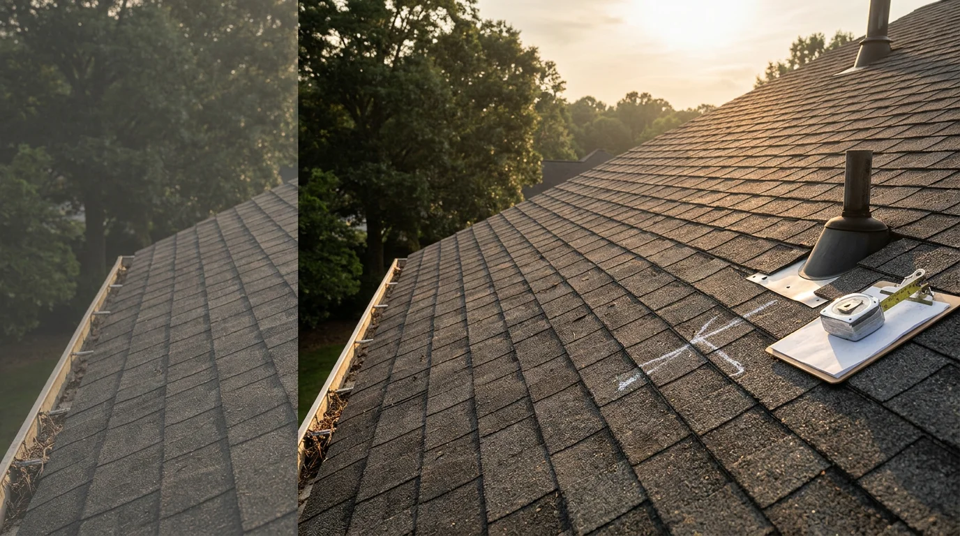 A Real Roof inspector examining shingles and flashing on a residential roof in Simpsonville, South Carolina. The inspector documents granule loss and storm impact patterns on a sunny day in the Upstate SC region.
