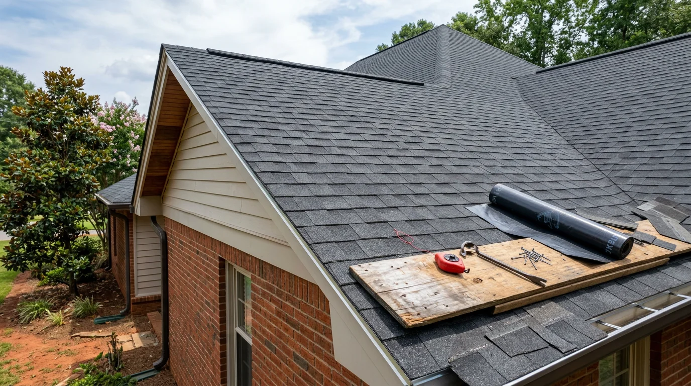 A completed roof installation on a residential home in Simpsonville, South Carolina, showing new roofing surface, finished ridge line, and properly set flashing along the eaves. The home sits in a typical Upstate South Carolina neighborhood under a clear sky.