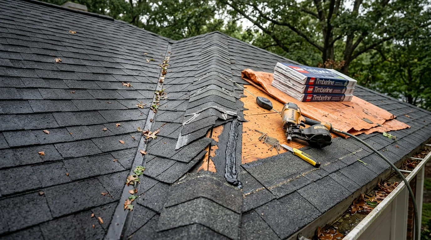 A roofing crew repairing wind-lifted and missing shingles on a residential roof in Simpsonville, South Carolina following a severe thunderstorm. Exposed roof decking is visible where shingles were displaced by high winds.