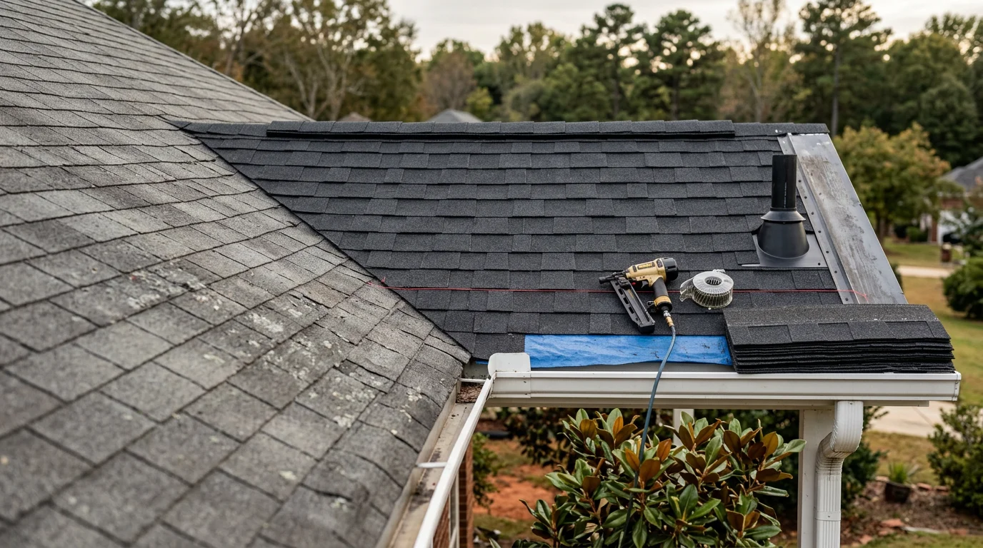 A roofing contractor repairing damaged shingles and flashing on a residential roof in Simpsonville, South Carolina. Close-up view showing repaired valley and pipe boot area on an Upstate South Carolina home.