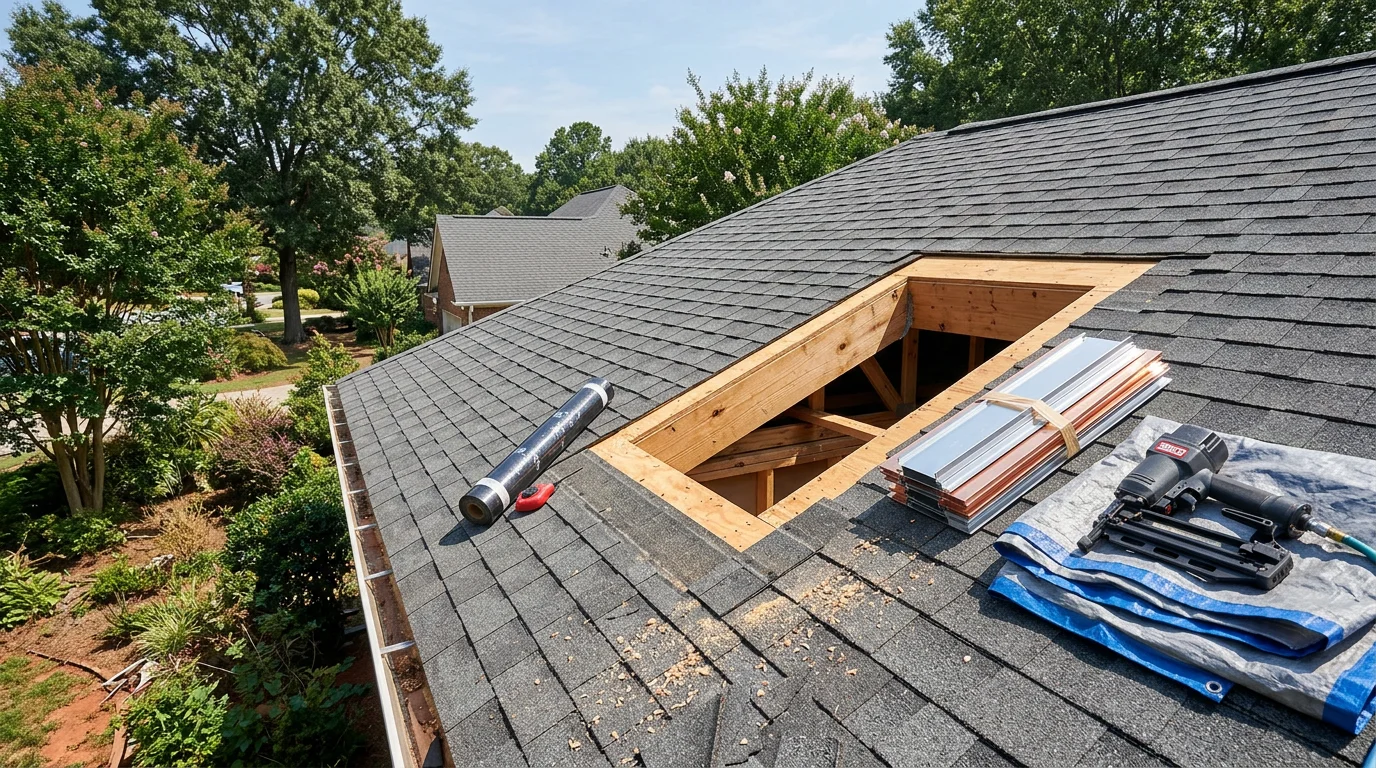 A newly installed skylight on an asphalt shingle roof of a residential home in Simpsonville, South Carolina, with visible step flashing along the sides and a clean interior shaft bringing natural light into the room below.