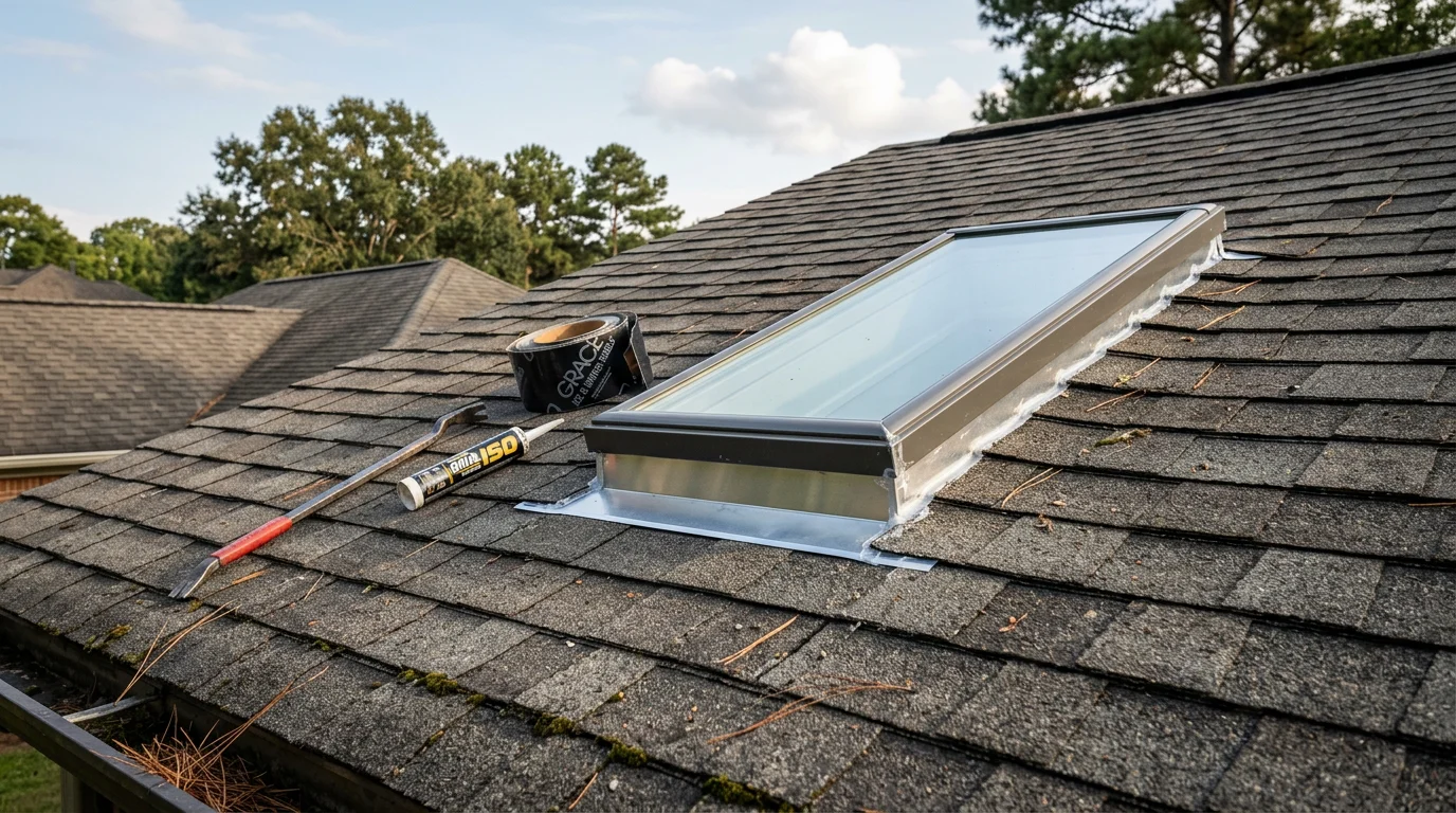 A skylight on a residential roof in Simpsonville, South Carolina showing repaired flashing and fresh sealant around the frame. Close-up view of the curb and glazing after a skylight leak repair by Real Roof.